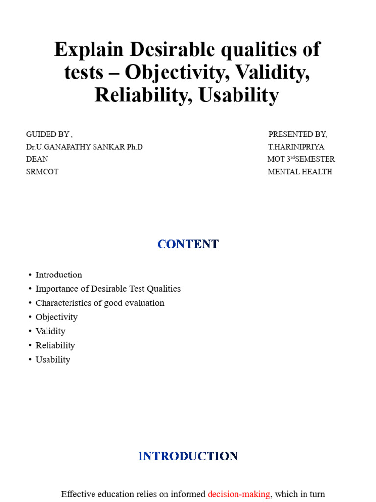 Explain Desirable Qualities of Tests - Objectivity | PDF | Educational ...