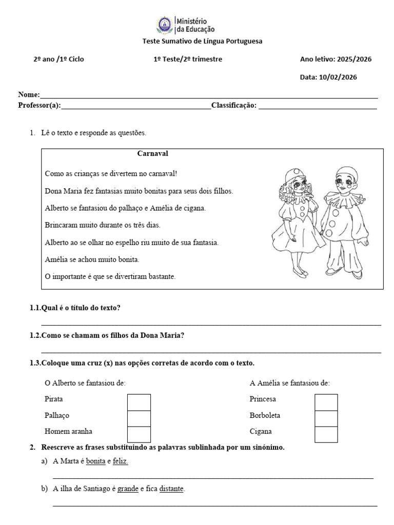 1º Teste 2º Ano Lingua Portuguesa | PDF