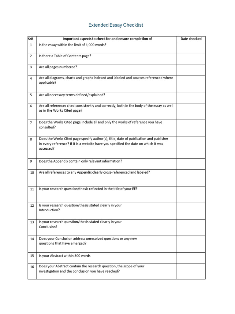 Exended Essay Checklist | PDF
