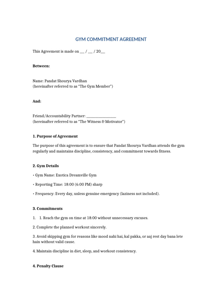 Gym Commitment Agreement Pandat Shourya Vardhan-1 | PDF