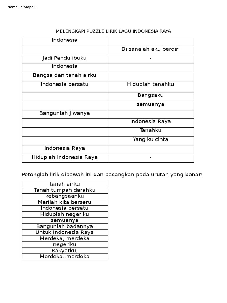 Melengkapi Puzzle Lirik Lagu Indonesia Raya | PDF