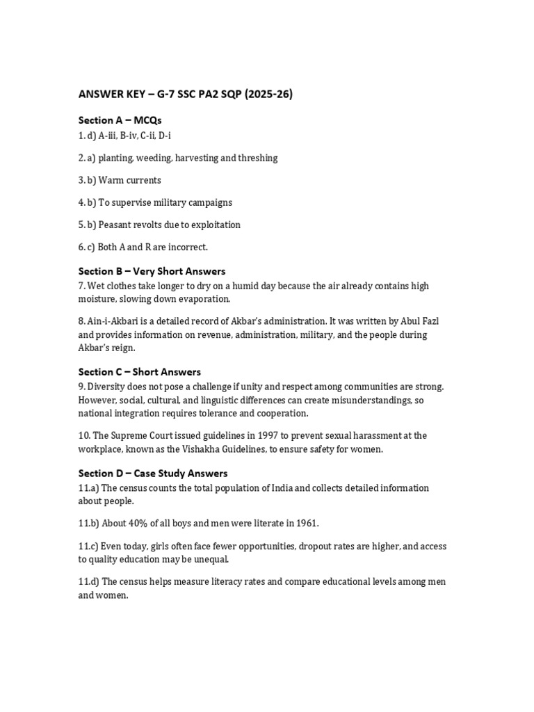 G7 SSC PA2 SQP Answer Key | PDF