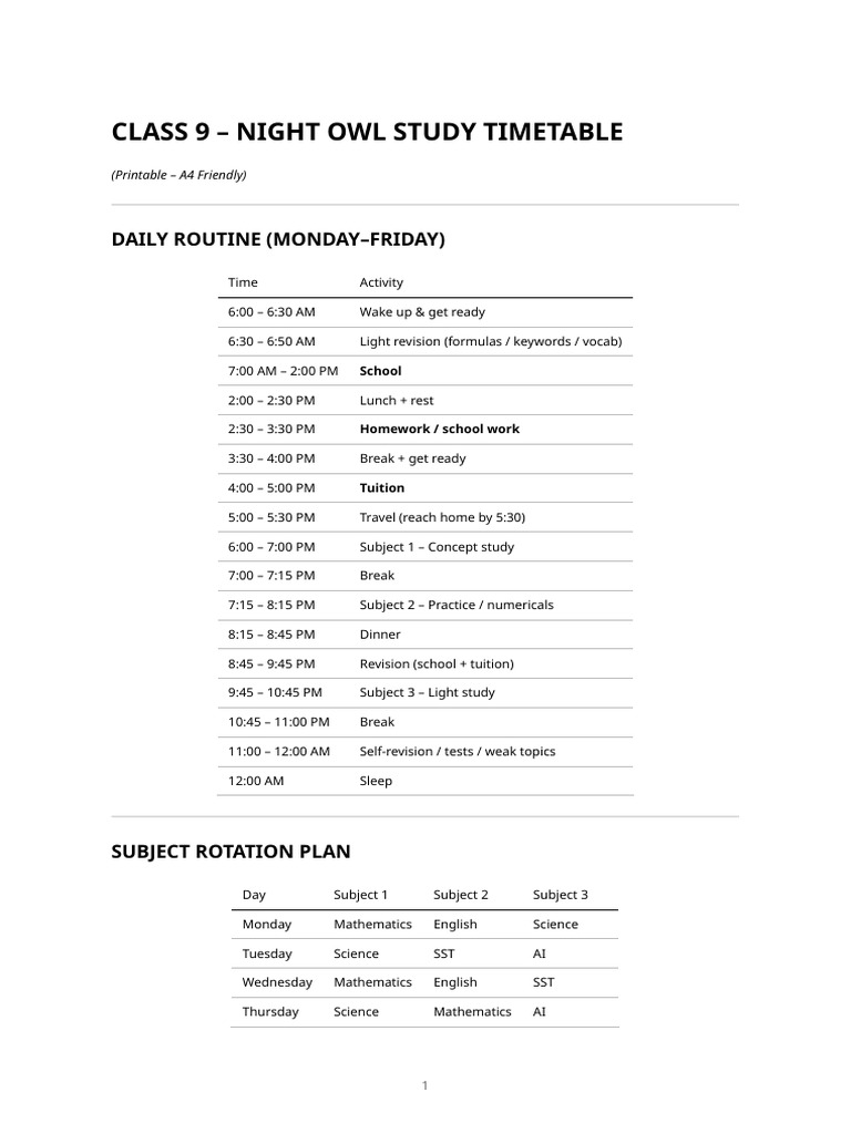 Class 9 Night Owl Study Timetable (Printable) | PDF
