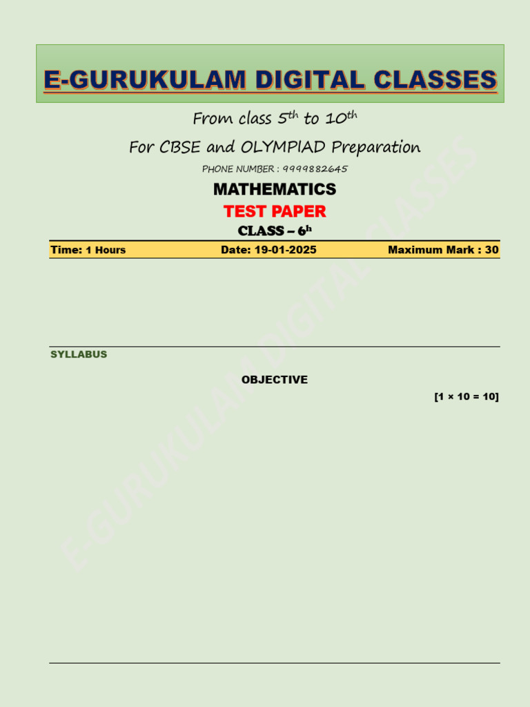 01 Test Paper Maths Class Vi 19-01-2025 1 | PDF | Length | Area
