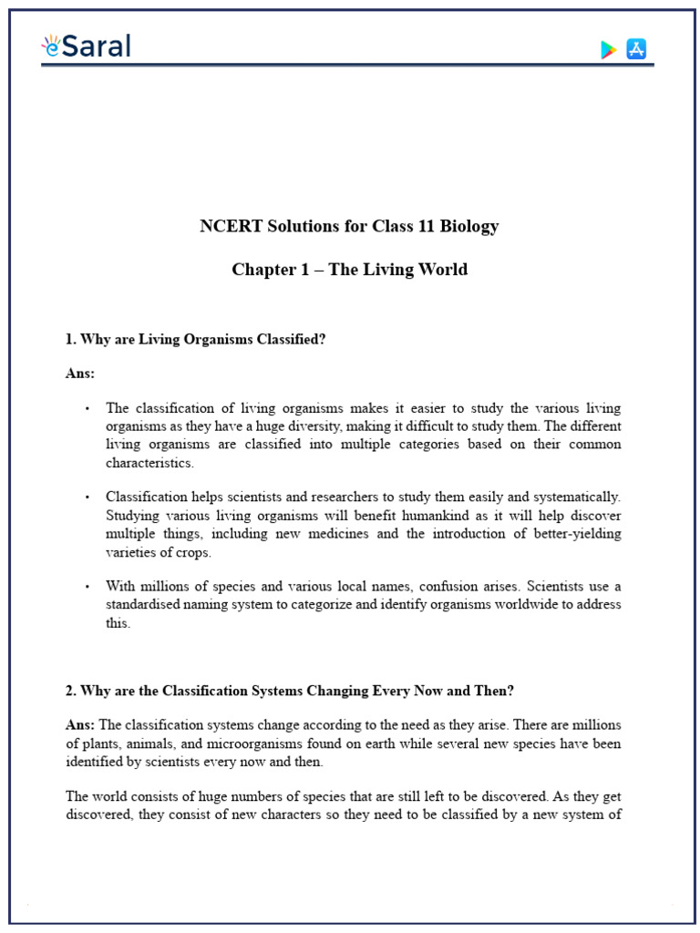 NCERT Solutions Class 11 Biology Chapter 1 The Living World PDF | PDF ...