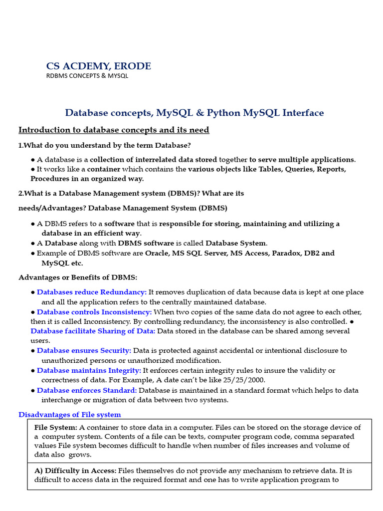 CS DBMS Concept MySQL & Interface 25-09-24 | PDF | Databases ...