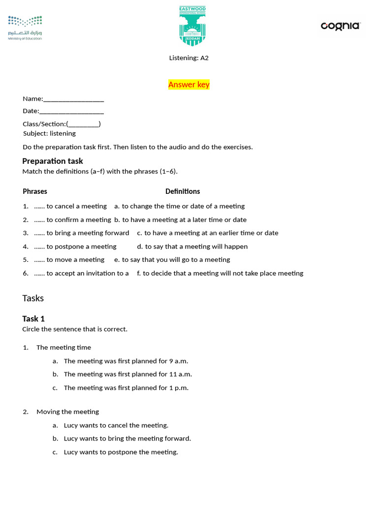 Listening Worksheet Worksheet 3 Week 2 3 T2 AK -A2-Changing-meeting ...