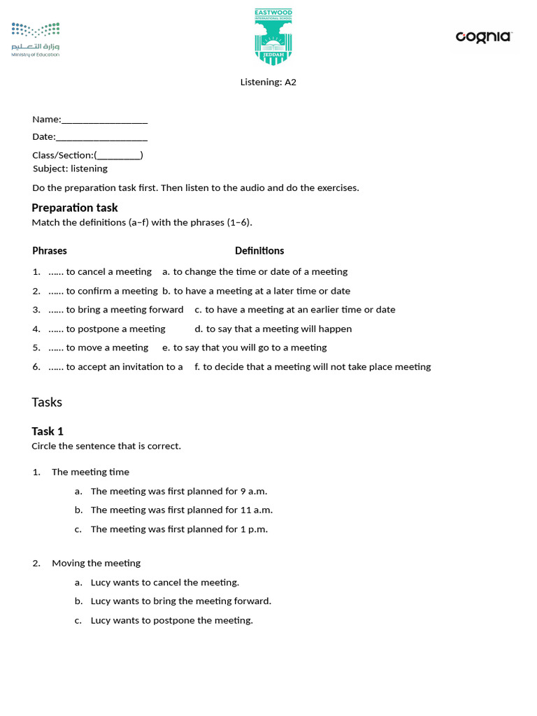 Listening Worksheet Week 2 T2 -A2-Changing-meeting-time | PDF | Chess ...