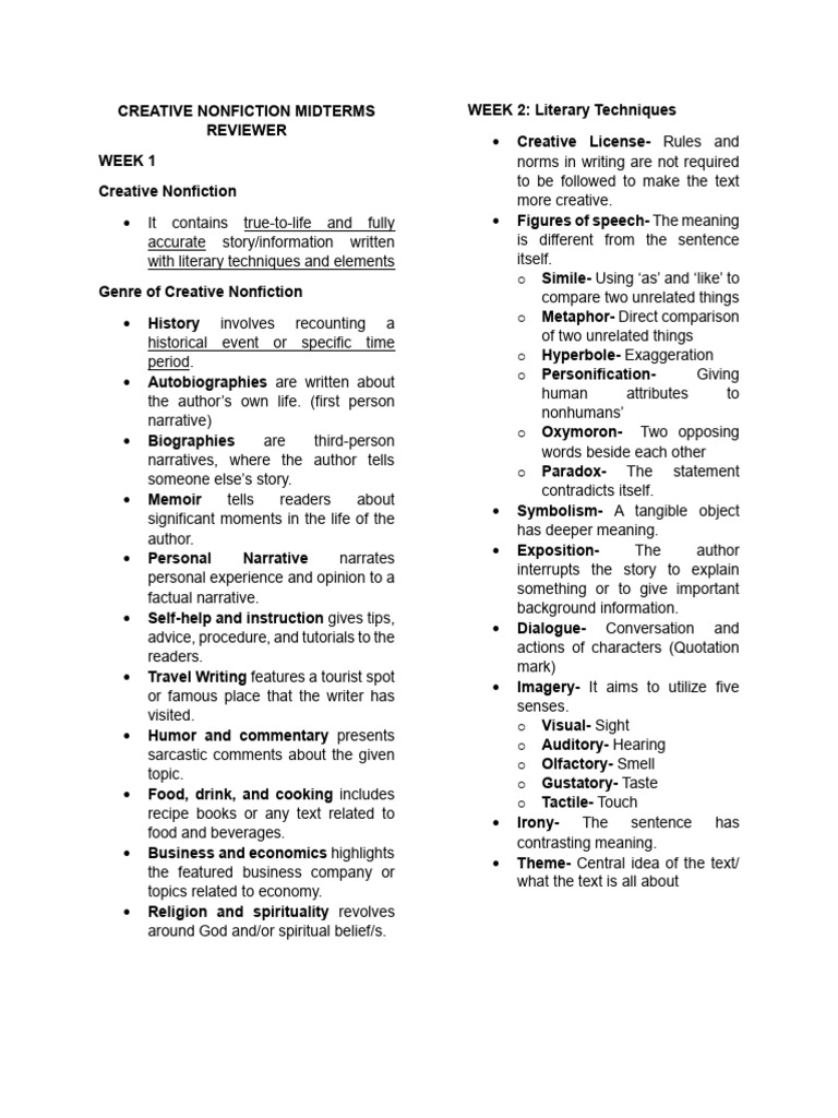 Creative Nonfiction Midterms Reviewer | PDF | Narration | Narrative
