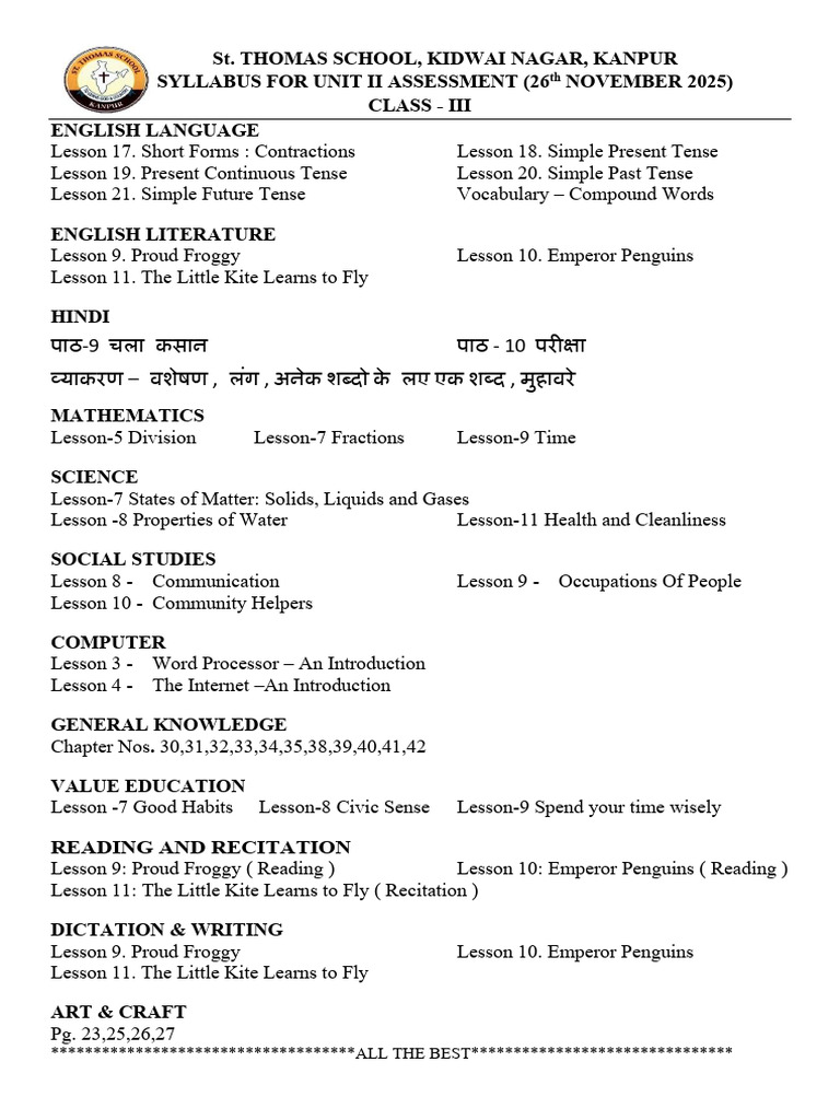Class 3 Unit 2 Syllabus 2025 | PDF