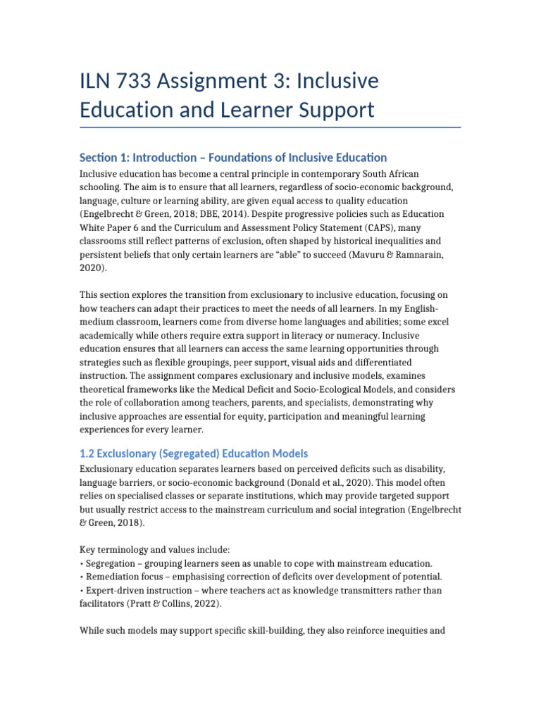ILN733 Section1 Inclusive Education | PDF | Inclusion (Education ...