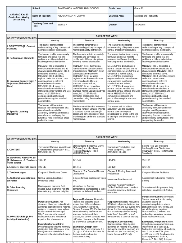 DLL - Grade 11 - Statistics and Probability - Week 3-4 | PDF | Normal ...