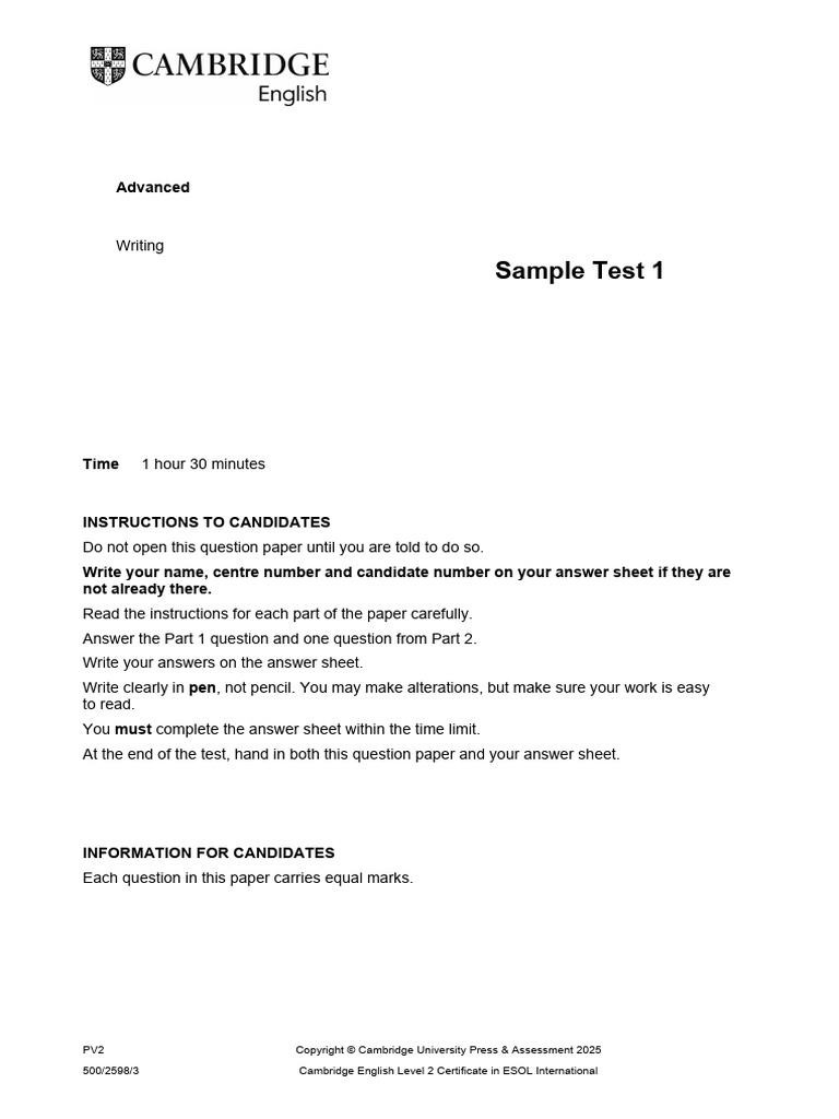 C1 Advanced Sample Writing Paper 2026 | PDF