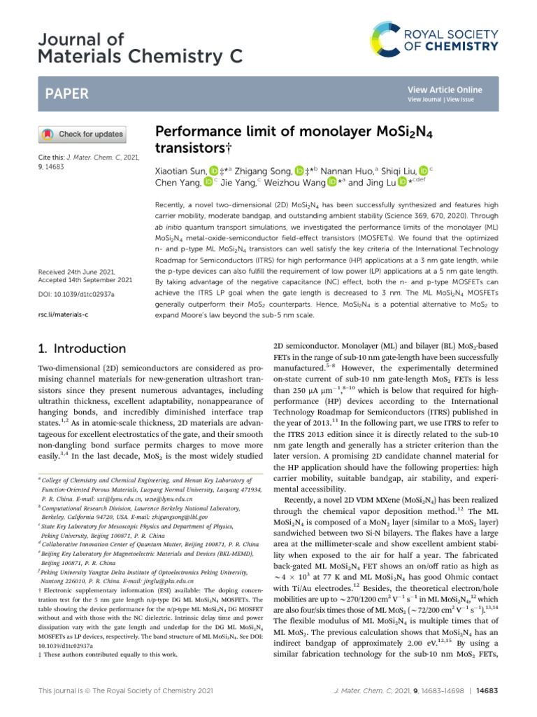 Performance Limit of Monolayer MoSi 2 N 4 Transistors | PDF | Mosfet ...