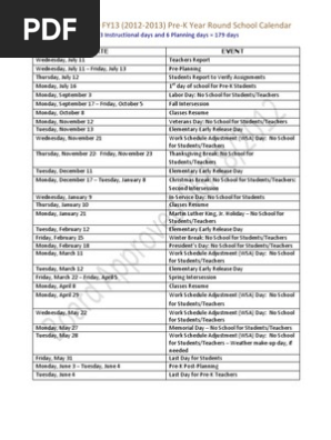 FY13 PreK Year Round Calendar | PDF