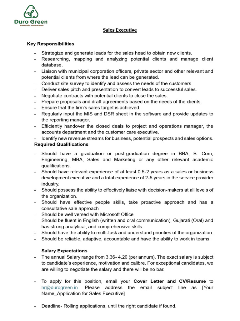 Sales Executive Job Description- Duro Green (1) | PDF | Sales | Business