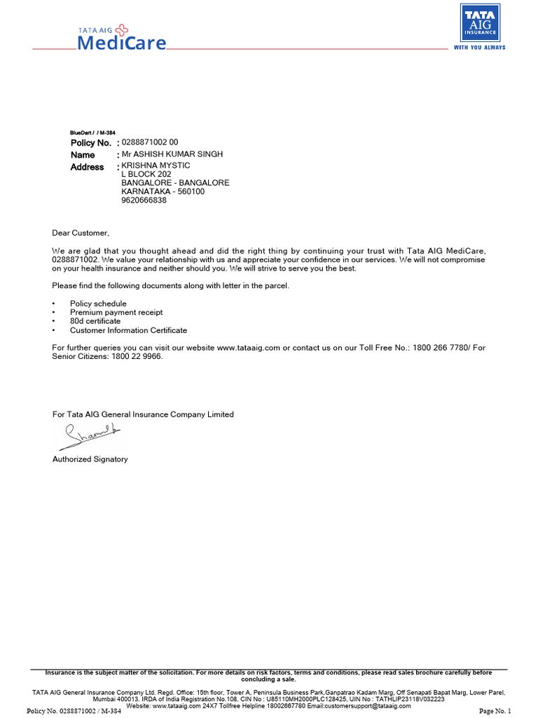 Policy No. Name Address:::: Bluedart / / M-384 | PDF | Insurance