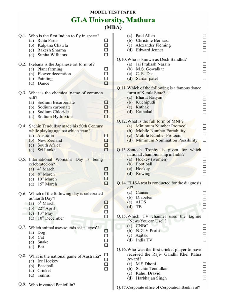 Model Entrance Test Paper For Mba | PDF