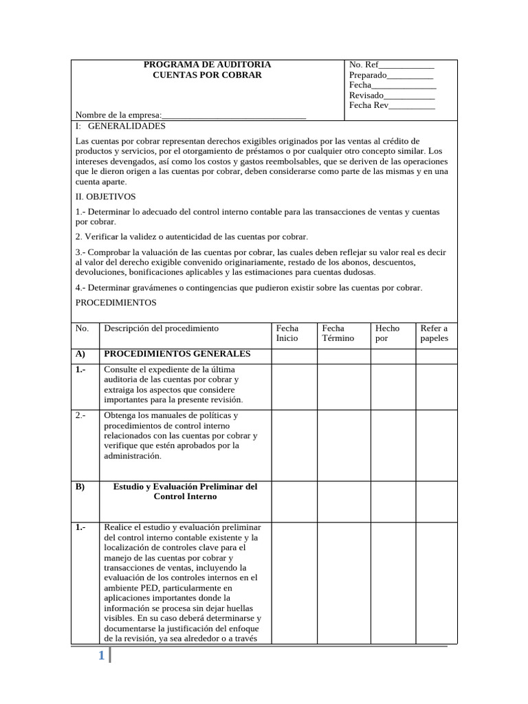 Programas de Auditoria de Cuentas Por Cobrar | PDF | Servicios ...