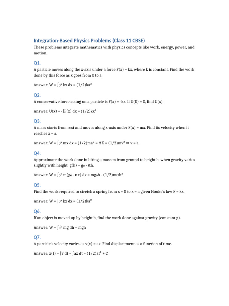 Integration Physics Problems Class11 (1) | PDF