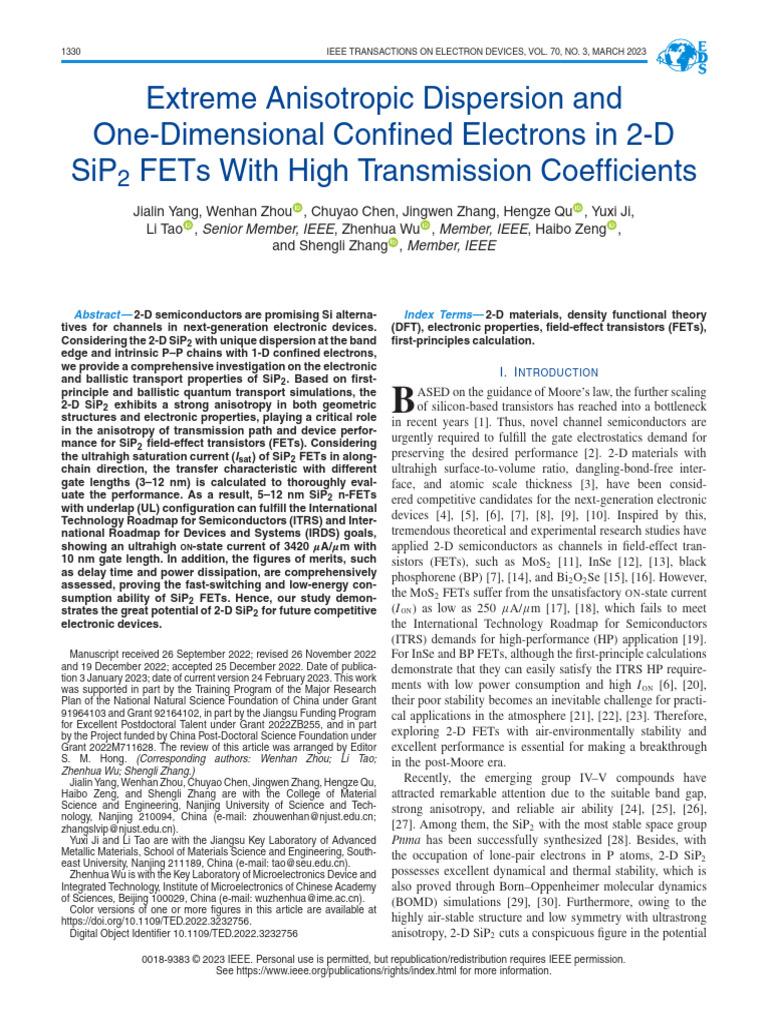 Extreme Anisotropic Dispersion SiP2 2D FET | PDF | Field Effect ...