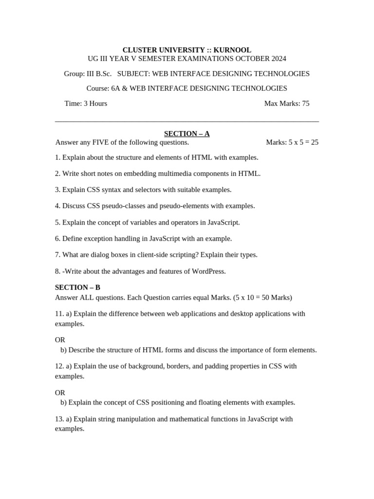 Web Interface Designing Technologies Question Paper | PDF