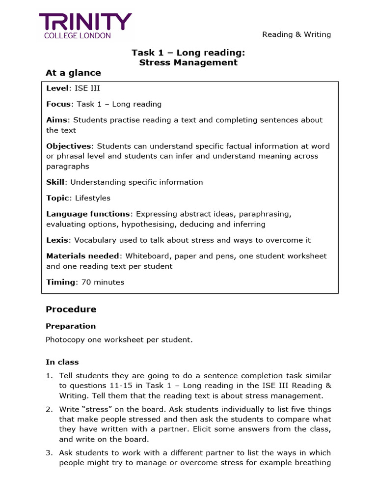 ISE III - Task 1 - Long Reading - CA1 (Stress Management)-1-6 | PDF ...
