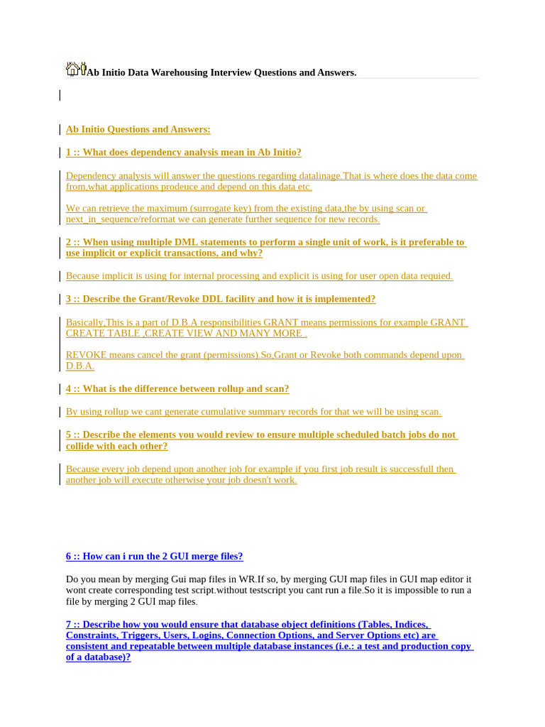 Ab Initio Data Warehousing Interview Questions and Answers | PDF ...