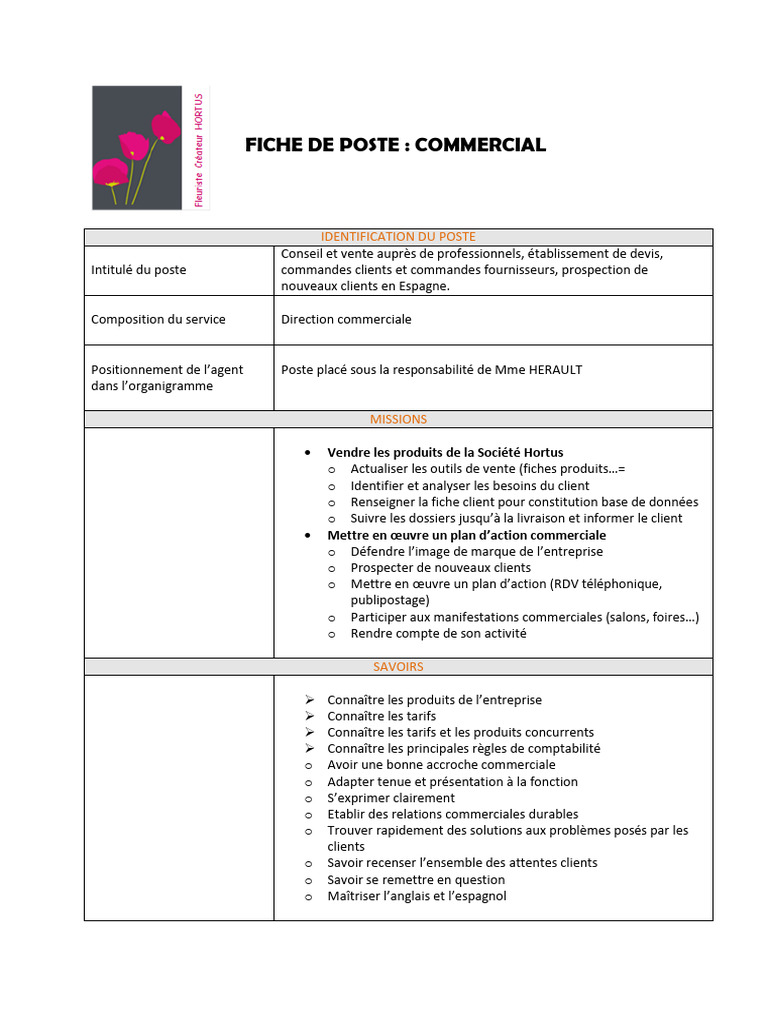 Fiche de Poste Commercial (E) | PDF | Économie d'entreprise | Business