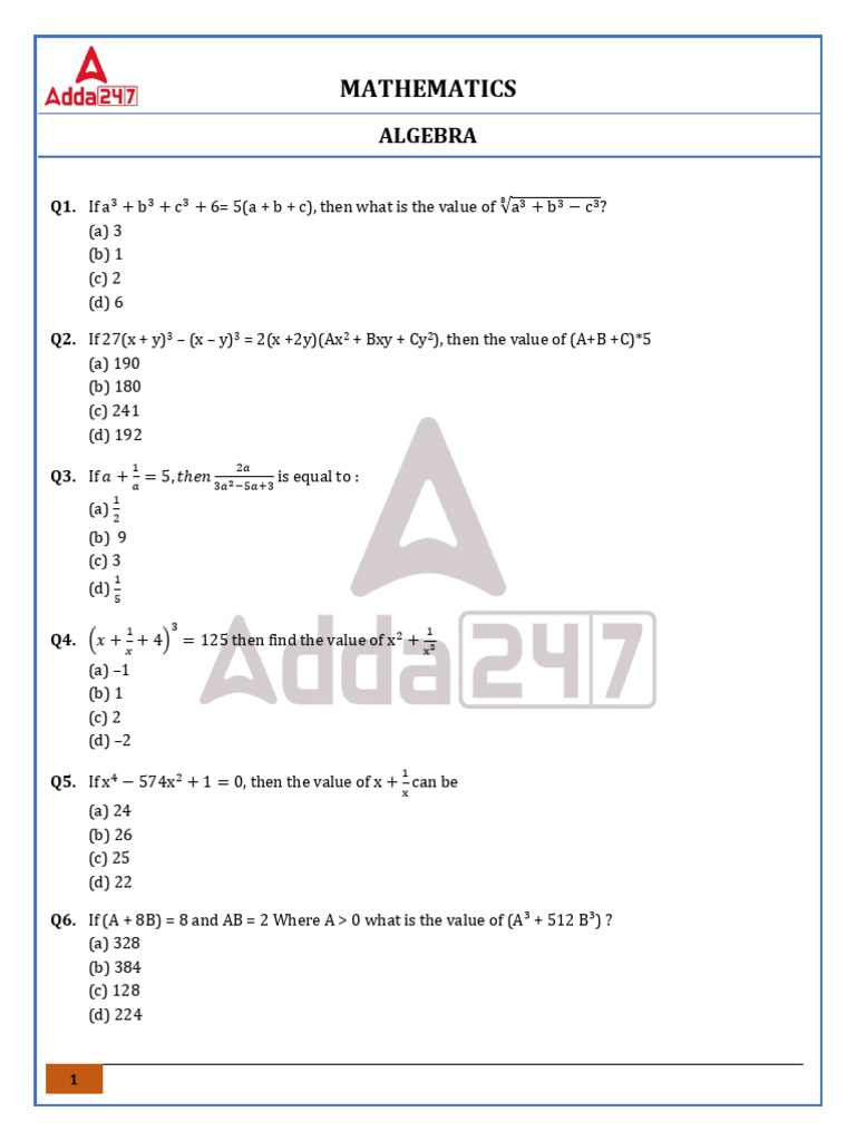 RRB JE 2024 Mathematics Algebra Paper PDF - 6681 | PDF | Mathematics