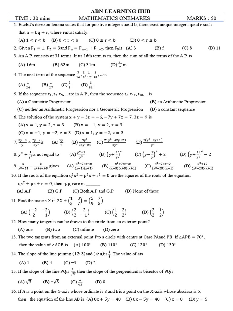 10th Maths Full Portion Onemarks | PDF | Arithmetic | Discrete Mathematics