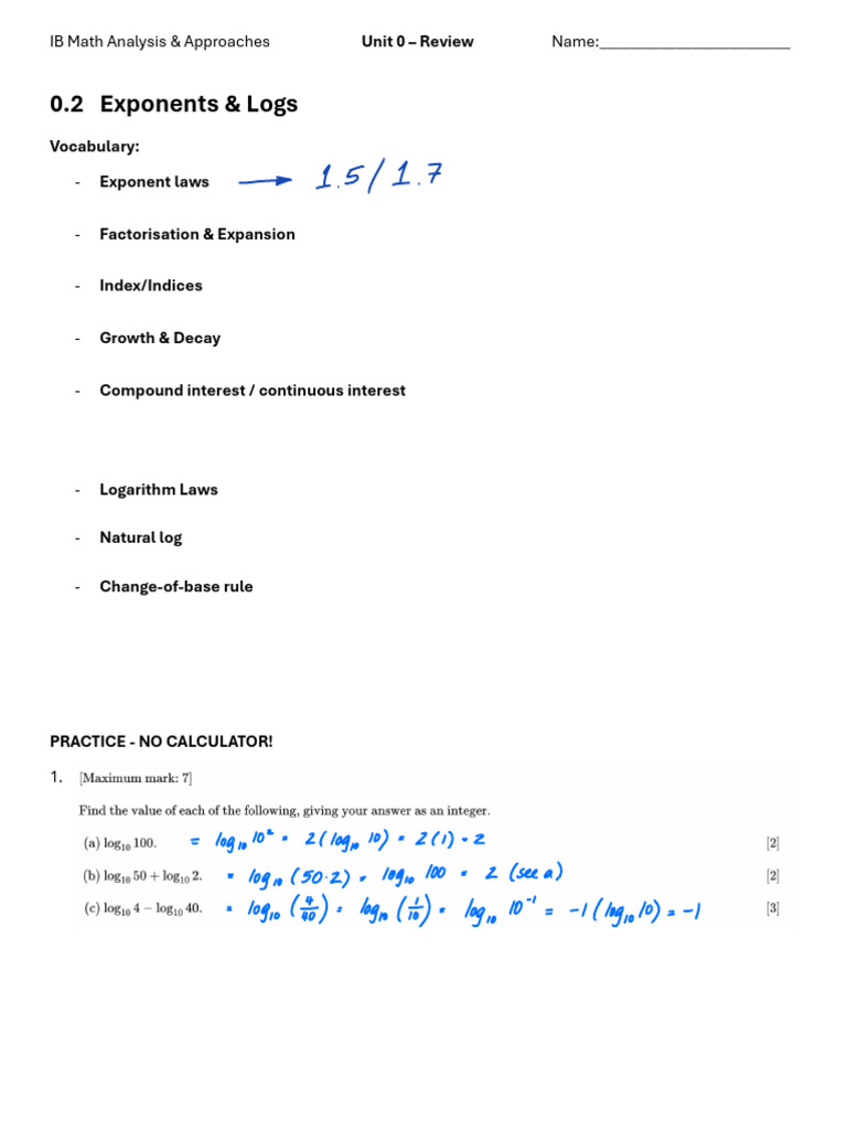 0.2 Exponents & Logs Key | PDF | Logarithm | Chess Theory