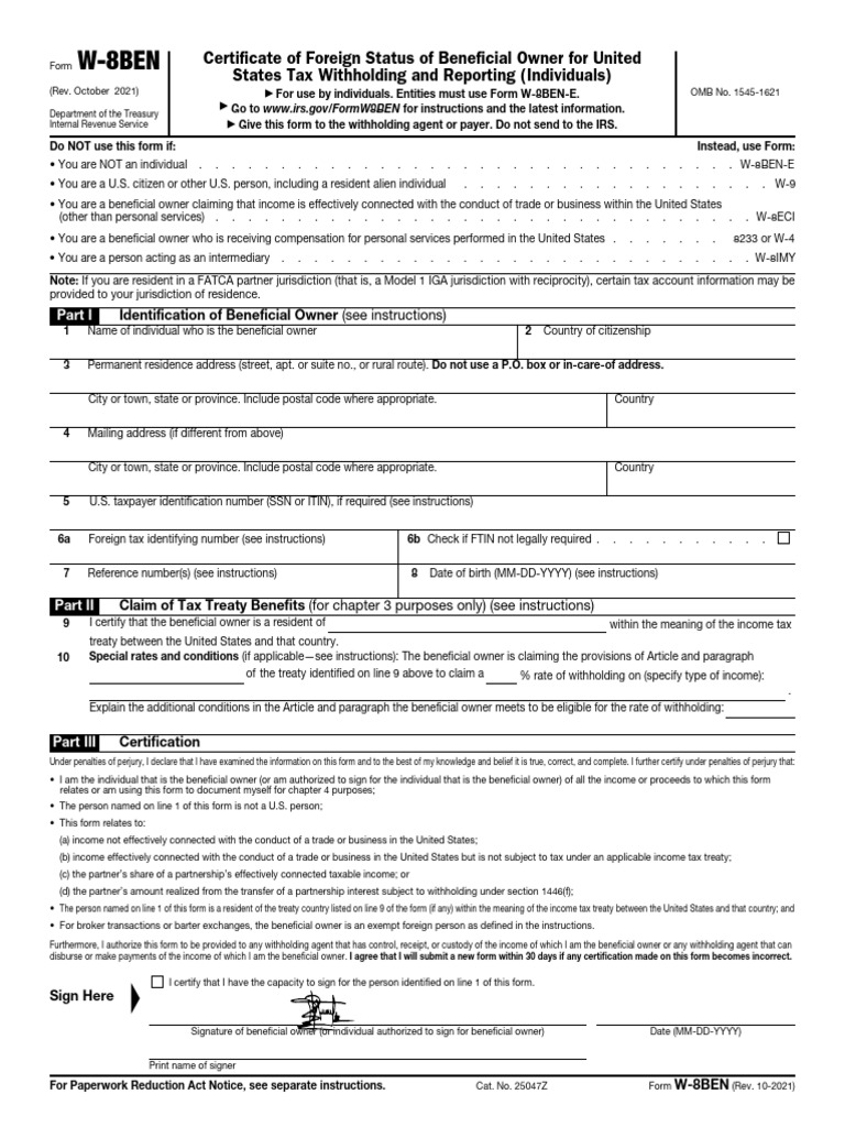 Form W-8 BEN (Rev. October 2021) | PDF | Taxation | Payments