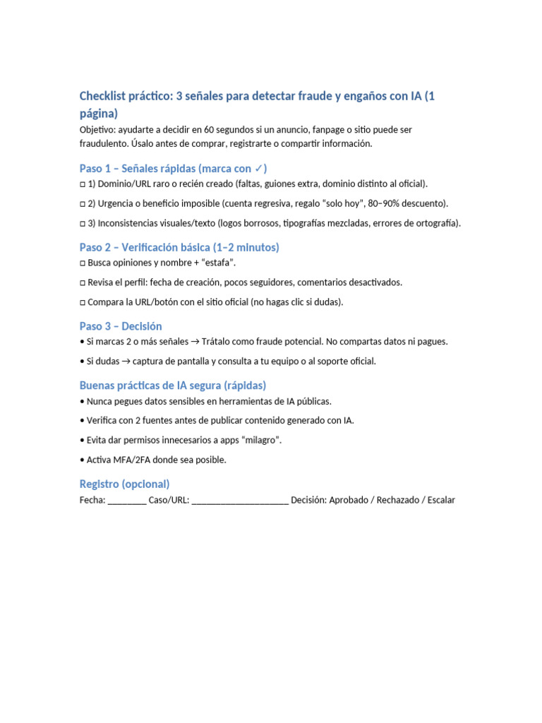 Checklist 3 Senales Fraude IA | PDF