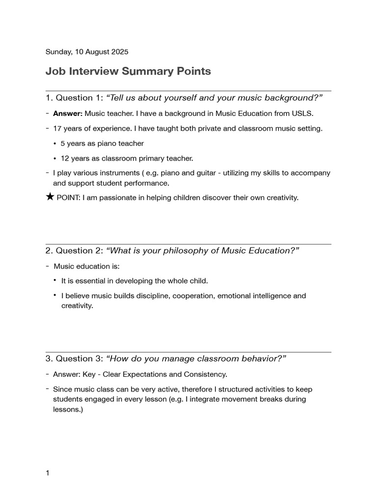 Job Interview Points | PDF | Music Education | Teachers