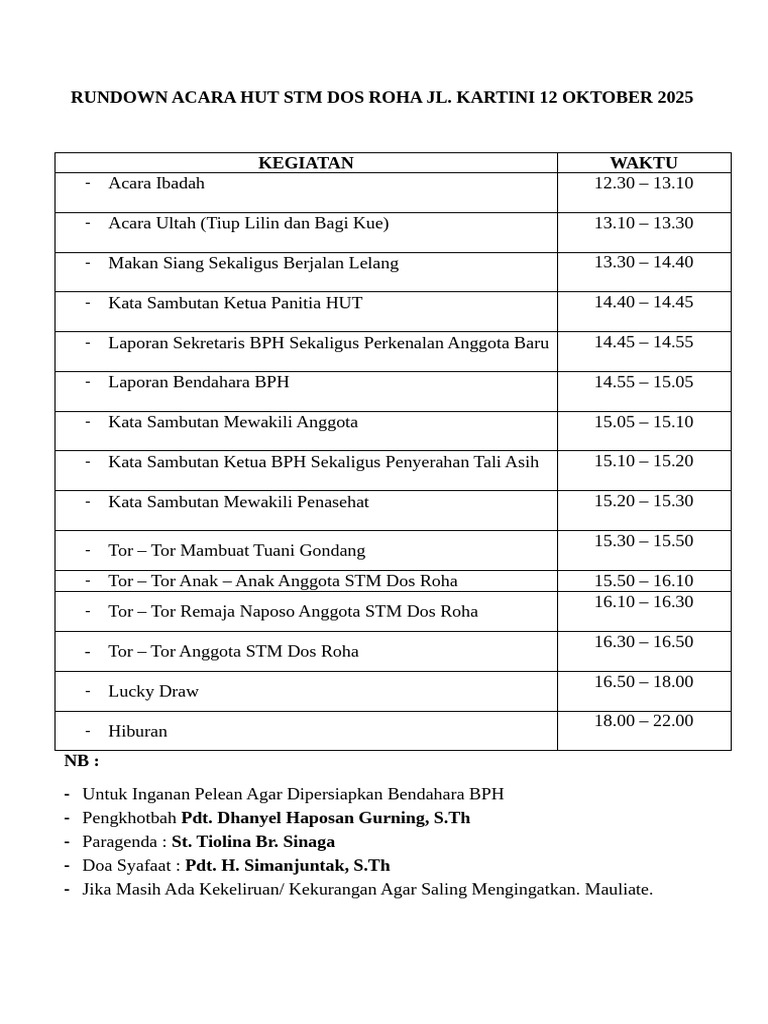 Rundown Acara Hut STM Dos Roha 12 Oktober 2025 | PDF