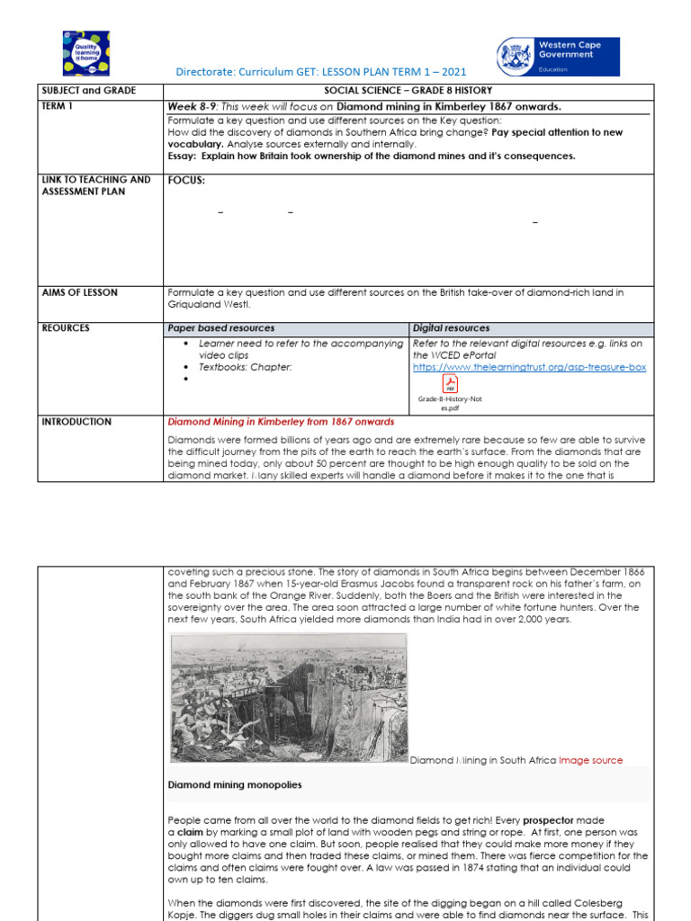Lesson Plan SP Grade 8 SS History T1 W7&8 | PDF