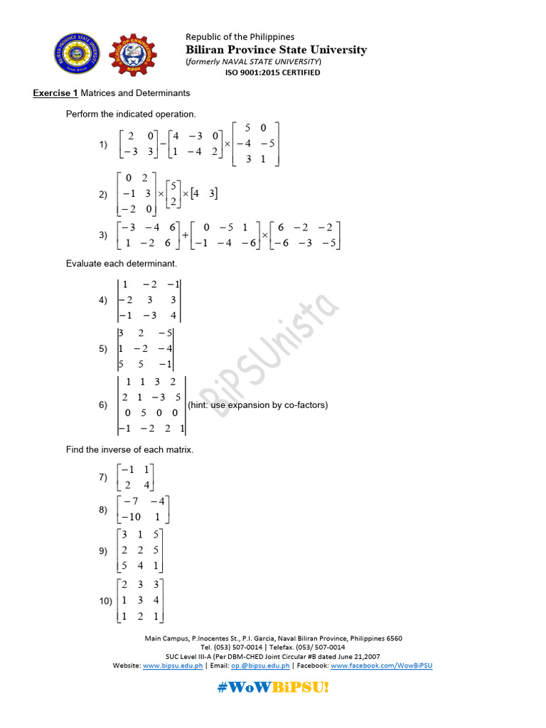 Exercise 1 Determinants and Matrices | PDF