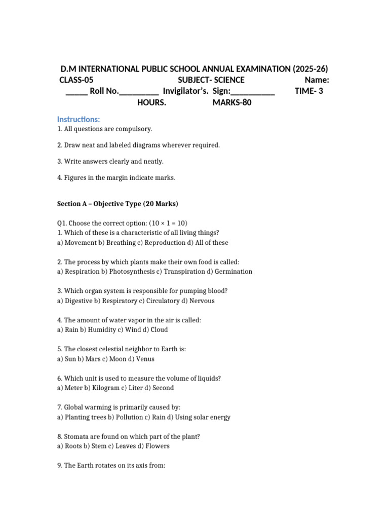 Class5 Science Question Paper | PDF