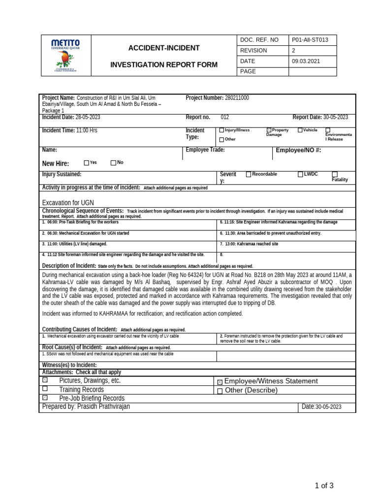 Accident - Incident Investigation Form 28-05-2023 | PDF