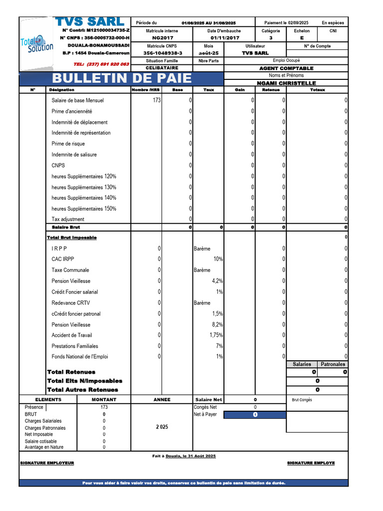 Bulletin Paie Mme Ngami Pendant Le Conges | PDF | Impôt sur le revenu ...