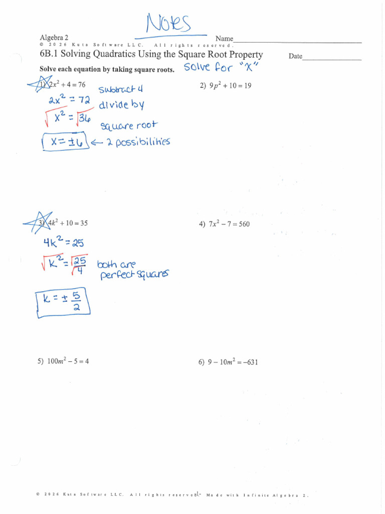 Notes 6.1B Solve Quad by Sq Root | PDF
