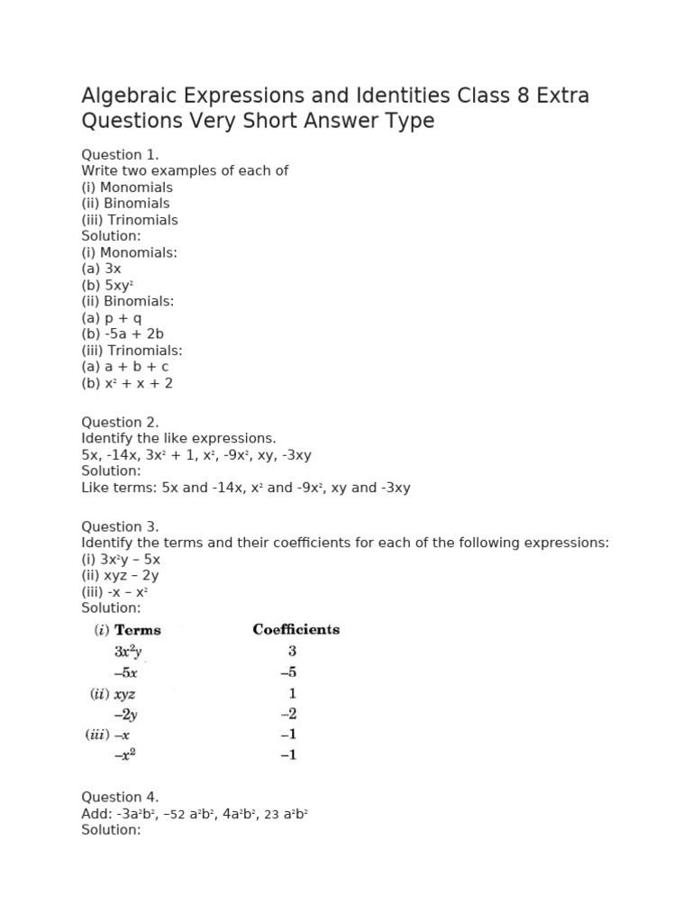 Algebraic Expressions and IdentitiesExtra Questions | PDF | Elementary ...