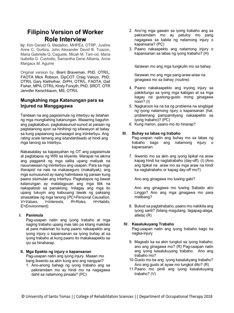 Filipino Version of Worker Role Interview | PDF
