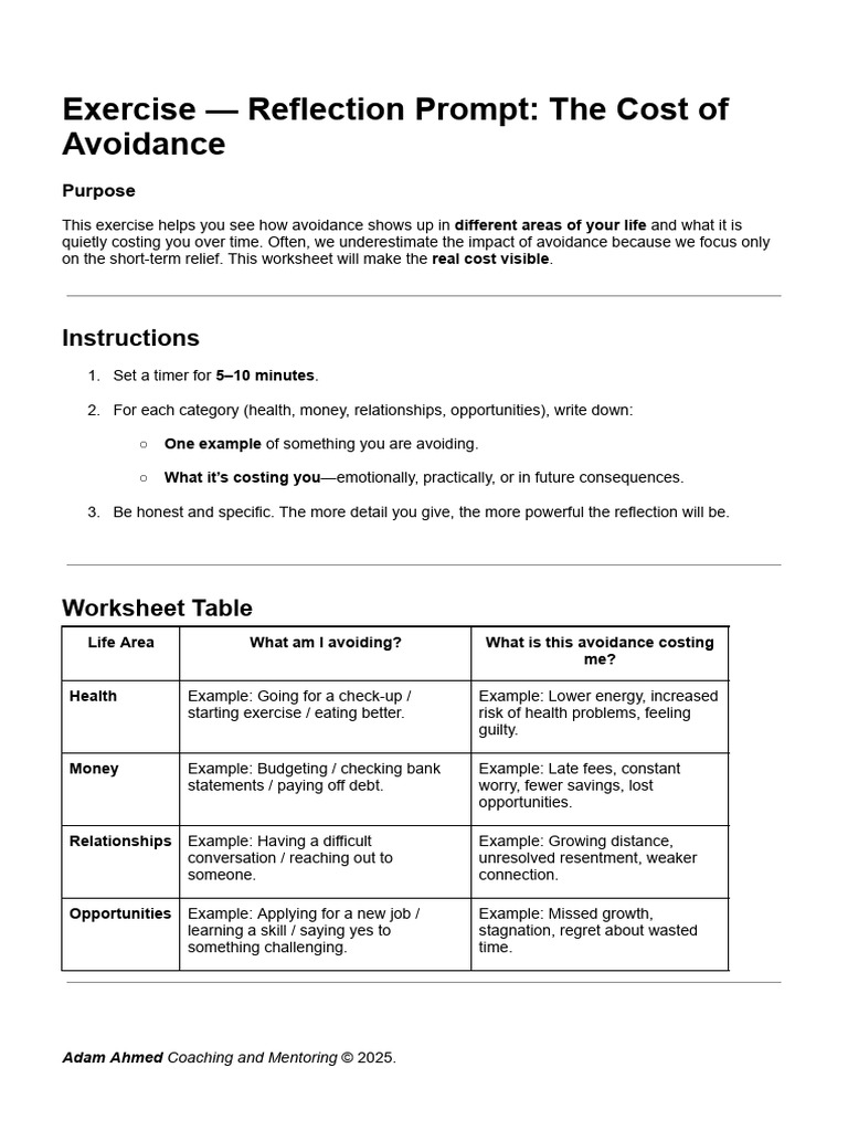 Worksheet - Reflection Prompt - The Cost of Avoidance | PDF | Mentorship