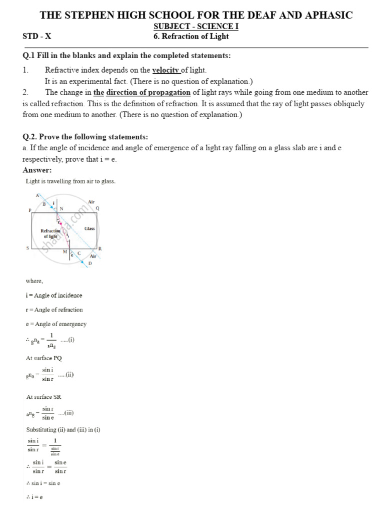 10.1.6. Refraction of Light | PDF | Refraction | Refractive Index