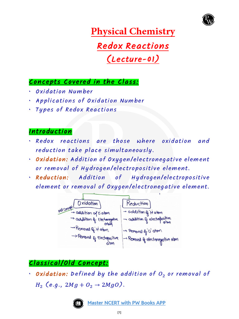 Redox Reactions 01 Summary Notes | PDF | Redox | Chemistry