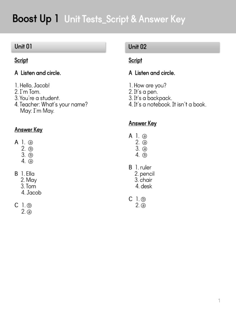 Boost Up1 - Test Script & Answer Key - Unit Tests | PDF