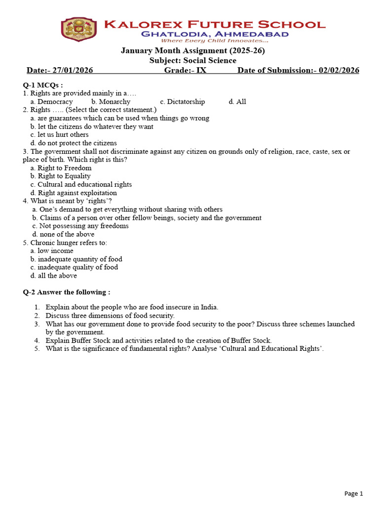 _Grade 9 - SST - January Assignment | PDF