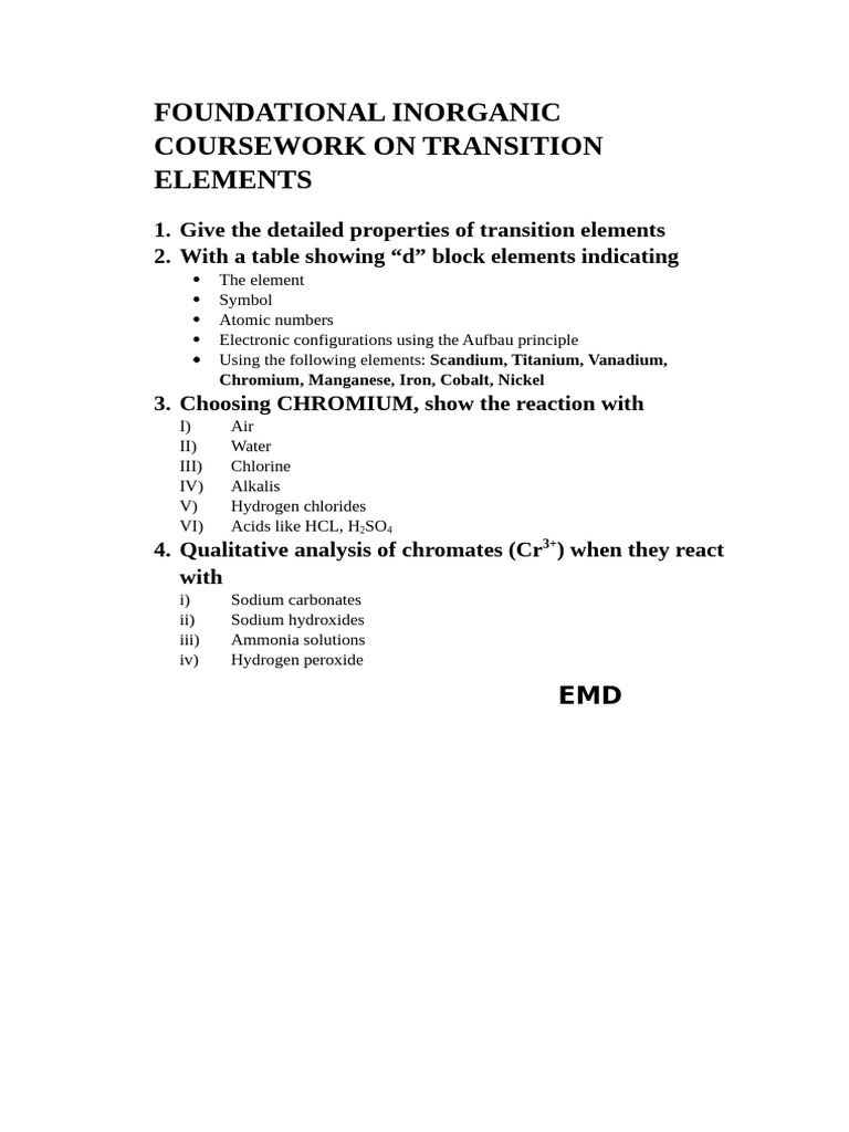 Foundational Inorganic Coursework On Transition Elements | PDF